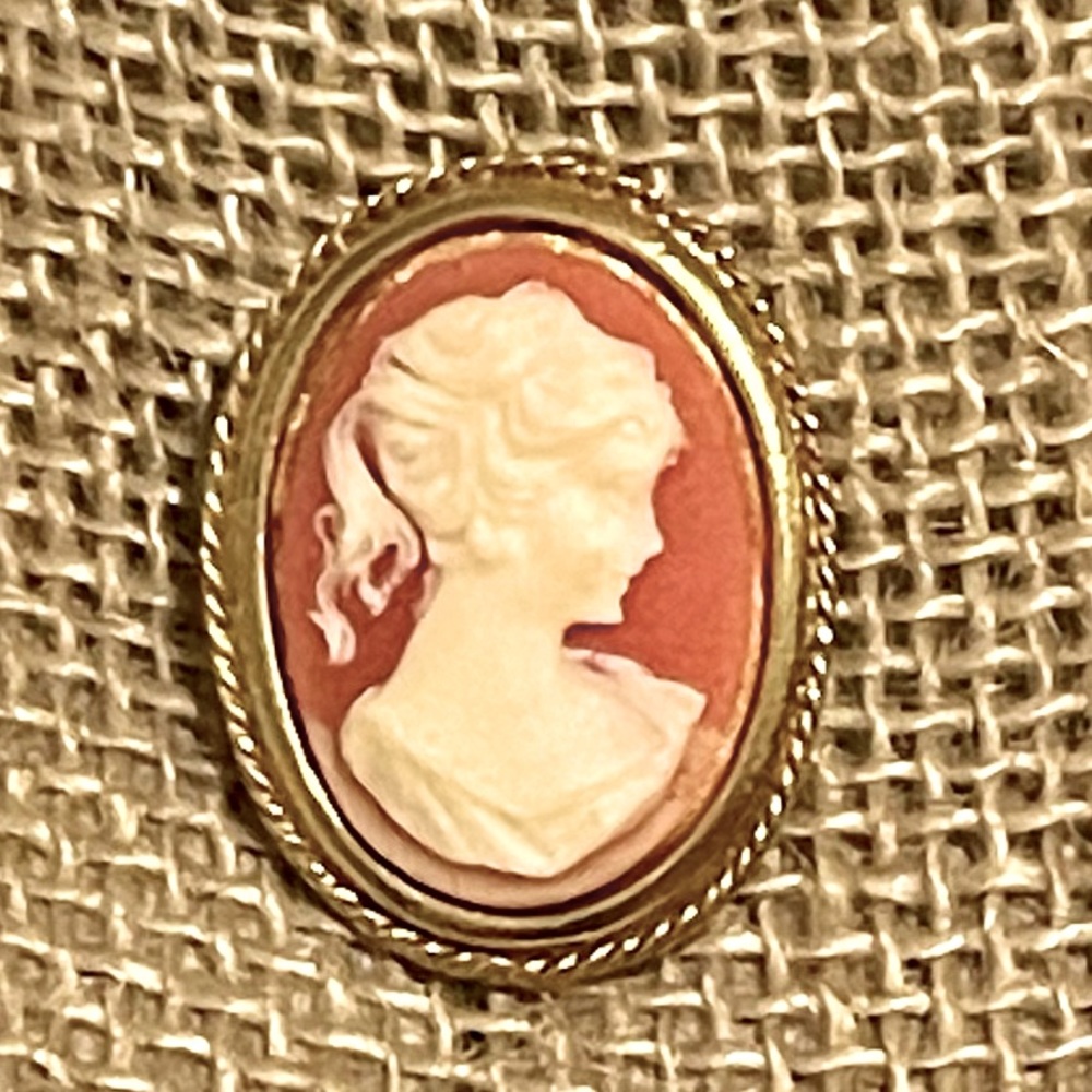 Vintage Pink Shell Cameo Broach Pin gold tone